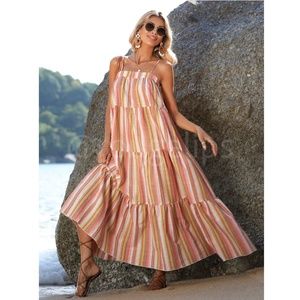 Striped Maxi Dress Flowy Flared A-line Spaghetti Straps Multicolor Long Ruffle